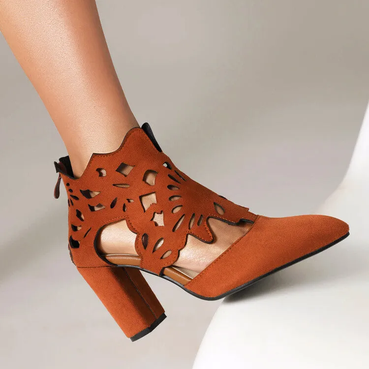 Women's Pointed Toe Carved Cutout Back Zippers Block Heel Sandals